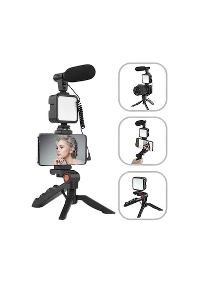 Akıllı - 237 - Telefon Vlog Kiti Tripod Mini Mikrofonlu - Csmo-tex - Telefon Tutucu