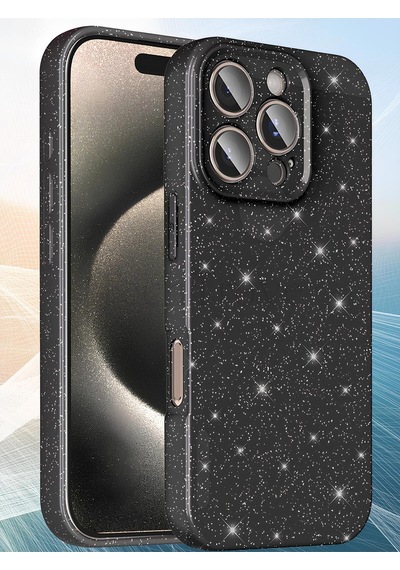 Apple İphone 16 Pro Kılıf Kamera Korumalı Parlak Simli Lüks Kapak - Siyah