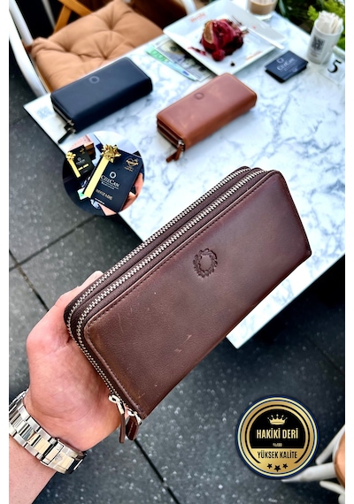 Tigan Unisex Antik Kahve Çift Fermuarlı Hakiki Deri Telefon Cüzdanı El Çantası Kahverengi