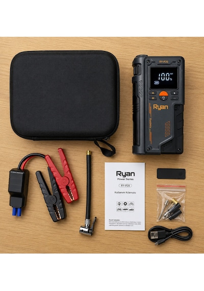 Akü Takviye Cihazı 1000a Ve Lastik Şişirme Kompresörü Powerbank Led El Feneri Taşıma Çantalı Ry-p20