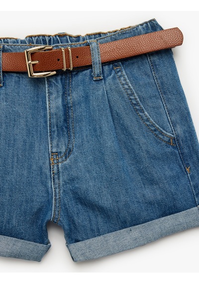 Koton Yüksek Bel Katlamalı Kemer Detaylı Denim Şort Orta İndigo 6skg40126ad