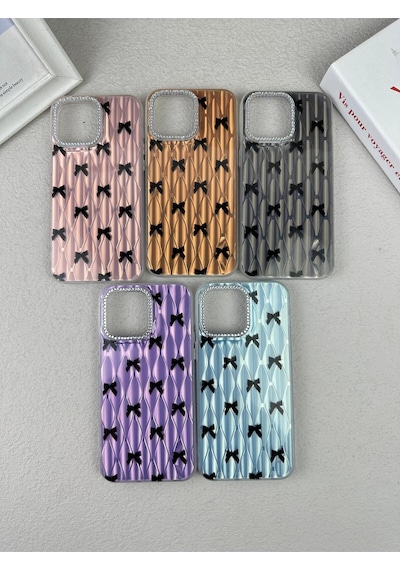 Apple Uyumlu iPhone 14 Taşlı- Fiyonk Desenli Sararmaz Sert Mika Premium Kalite Telefon Kılıfı Arka Kapak Siyah