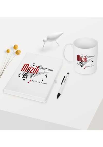 Kişiye Özel Müzik Öğretmeni Temalı Beyaz Defter Kalem Kupa Seti -