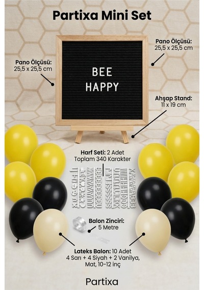 Bal Arısı Temalı Doğum Günü Süsleme Mini Set Siyah Keçe Yazı Panosu Standlı Balon Zincirli 1 Yaş Konsepti