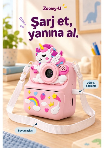 Kj/zm-004 Zoomy-u Unicorn Figürlü Anında Baskılı Çocuk Fotoğraf Makinesi, Çift Kamera, 2,4 İnç Ekran, 1080p Video, 3+ Yaş Pembe