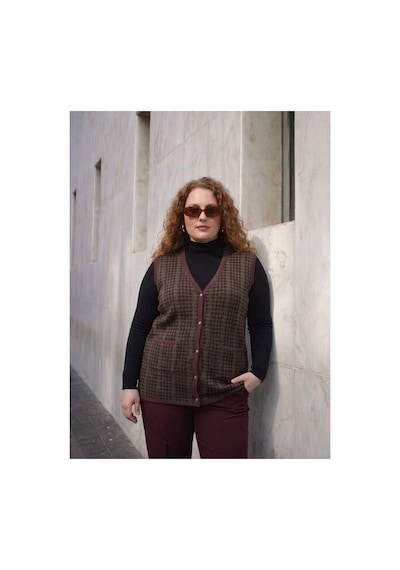 Onno Style Women Büyük Beden Kazayağı Desen Renkli Çelik Örgü Triko Kadın Yelek Bordo