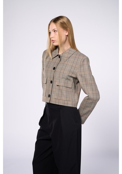 Thalure Kadın Kahverengi Ekoseli Crop Blazer Kahverengi