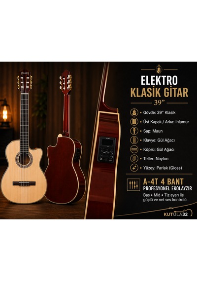 Qcg2303n Elektro Klasik Gitar 39 4 Bant Ekolayzırlı, Gül Ağacı Klavye Full Set: Askı, Tel, Pena, Capo, Tuner, Temizleme Bezi Hediye Natürel