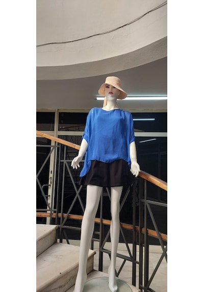 Bohem Stil İtalyan Yarasa Kollu İpek Bluz Saks Mavi