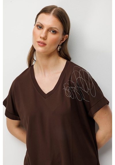 On Kadın Büyük Beden Tek Omzu Zincirli V Yaka T-shirt 71368 Kahverengi