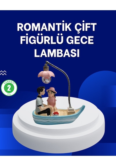 Romantik Sandal Üzerinde Çift Figürü Led Gece Lambası Masa Dekoru Mavi