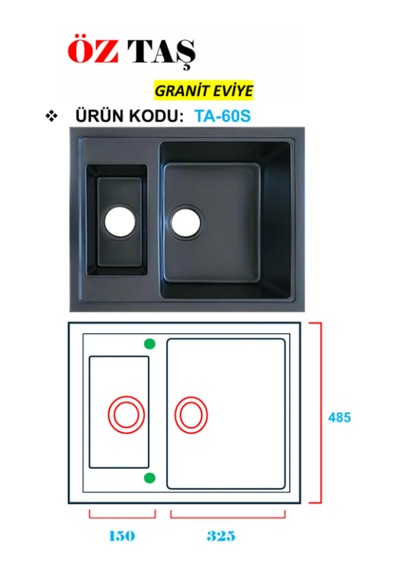 Öztaş TA-60s Granit Mutfak Eviye Siyah Tek Gözlü 485 x 595 MM