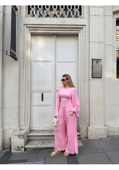 Bonacosa Kadın Viskon 3 Lü Takım Kimono + Beli Lastikli Salaş Pantolon + Sıfır Kol Kolsuz 8 Renk Pembe Bonacosa Kadın Viskon 3 Lü Takım Kimono + Beli Lastikli Salaş Pantolon + Sıfır Kol Kolsuz 8 Renk Pembe