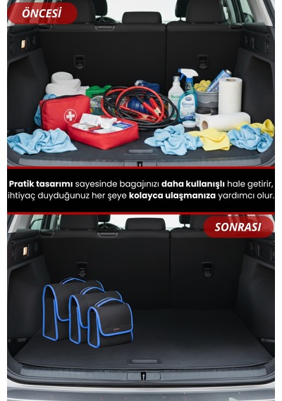 3'lü Cırtlı Keçe Kumaş Oto Bagaj Çantası Geniş Hacimli,dayanıklı,araç İçi Düzenleyici Mavi Kenar