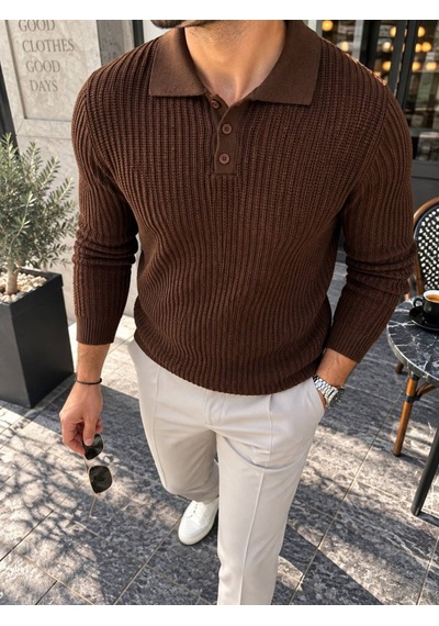 Butik İstanbul Erkek Düğmeli Gömlek Yaka Triko Kahverengi