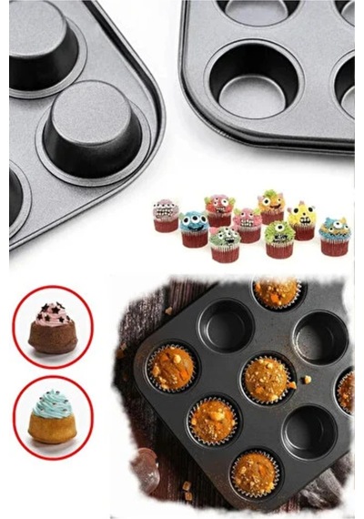 12 Bölmeli Muffin Kek Kalıbı Kurabiye Turta Kalıbı Fırın Pasta Çörek Kapsül Yanmaz Kalıp Karbon Çeli Diğer