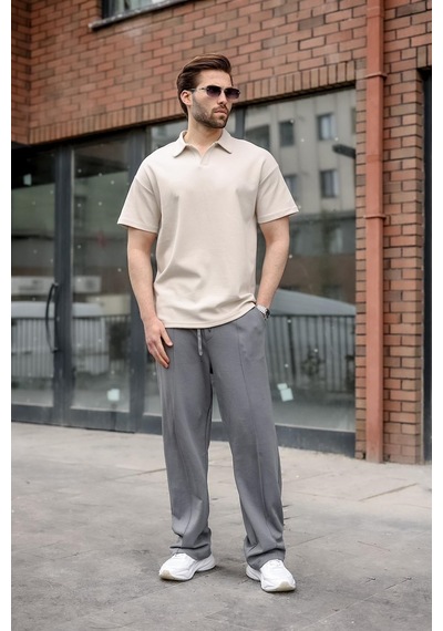 Madmext Taş Rengi Polo Yaka Oversize Erkek Tişört E7185