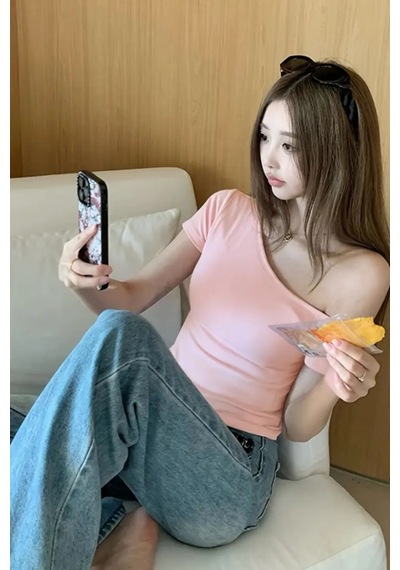 Pembe Kadın Düşük Omuz Kayık Yaka Dar/slim Likralı T-shirt Pembe