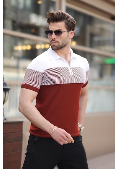 Madmext Kiremit Renk Bloklu Polo Yaka Triko Erkek T-shirt E7409 Kiremit