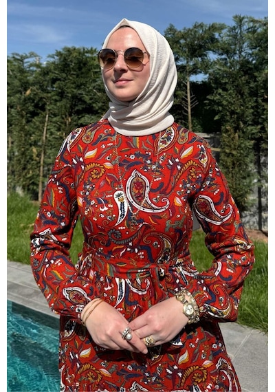 Rabia Şamlı Şal Desenli Elbise Kiremit Normal