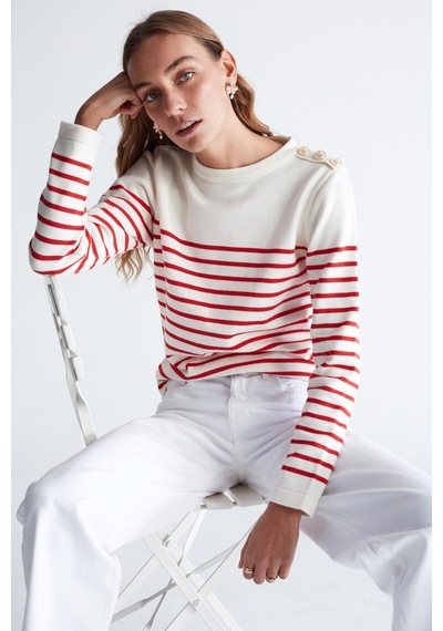 Styleboom X Peraluna Audrey Pullover Omzu Düğmeli Çizgili Organik Pamuk Mevsimlik Kadın Triko Kazak Ekru/kırmızı-ekru Ekru