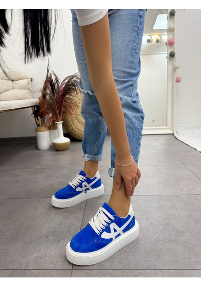Erva'nın Butiği Mavi Beyaz Tig Kadın Bağcıklı Sneakers-4892 Mavi Beyaz Süet