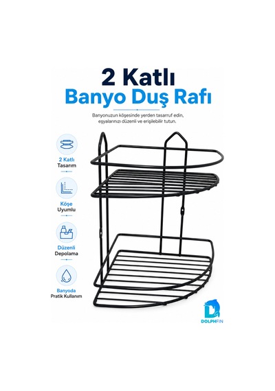 2 Katlı Siyah Banyo Duş Rafı Köşe Metal Şampuan Sabunluk Banyo Düzenleyici Raf