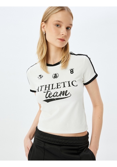 Koton Bisiklet Yaka Kısa Kollu Biyeli Kolej Baskılı Slim Fit Tişört Ekru 5sal10162ık Ekru