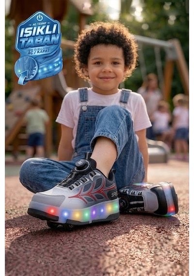 Nstil Unisex Yetişkin Çocuk Spor Ayakkabı Akıllı Bağcıklı Çıkarılabilen Patenli Işıklı Sneaker 003 Kırmızı