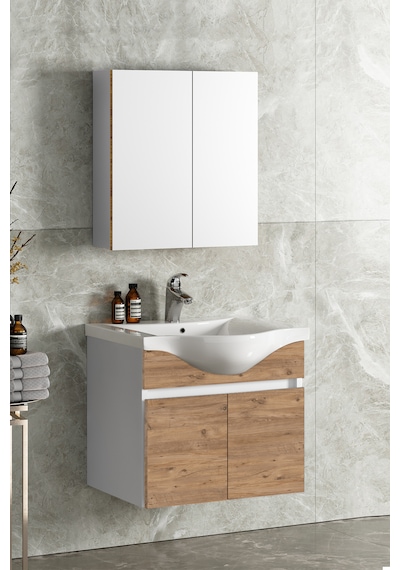 Yıldız 55 Cm Beyaz-atlantik Mdf Lavabolu Asma Banyo Dolabı Takımı Beyaz - Atlantik Çam