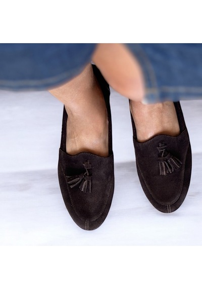 Ne&ve Shoes Kahve Süet Hakiki Deri Püsküllü Kadın Loafer Ayakkabı Kahverengi