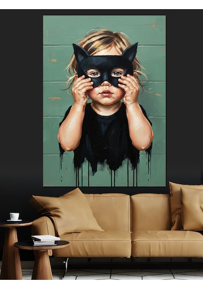 Ahşap Tablo Kara Kedi Maskeli Kız Çocuğu