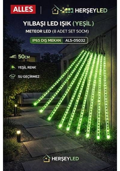Yılbaşı Led Işık Yeşil Meteor Led 8 Adet Set 50cm Ip65 Dış Mekan Yeşil