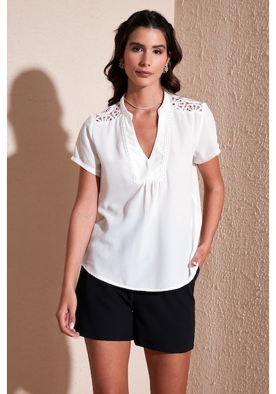 Lela Güpür Detaylı % 100 Pamuk Regular Fit V Yaka Bayan Bluz 611Bz0286 Ekru
