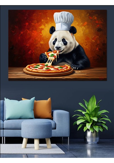 Pizza Yiyen Şef Önlüklü Panda Dekoratif Kanvas - Mdf Ahşap Tablo
