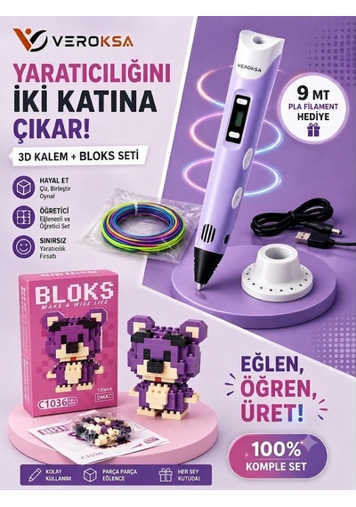 3d Kalem + 156 Parça Bloks Seti Mor Hayal Gücünü Gerçeğe Dönüştür Ayıcık