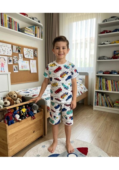 Aliş Kids Erkek Çocuk Pamuklu Beyaz Araba Desenli Kısa Kollu Şortlu Yazlık Pijama Takımı