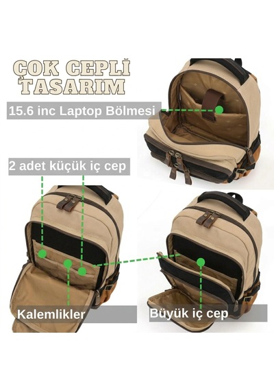 Cappadocia Vintage 4022 Vintage Sırt Çantası, 15.6 İnç Bilgisayar Bölmeli, Geniş Hacimli Hakiki Deri Detaylı Pamuklu Okul Ve Seyahat Çantası Krem Siyah