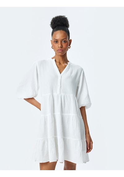 Koton Pamuklu Katmanlı V Yaka Kısa Balon Kollu Mini Müslin Elbise Beyaz 5sak80128pw Beyaz