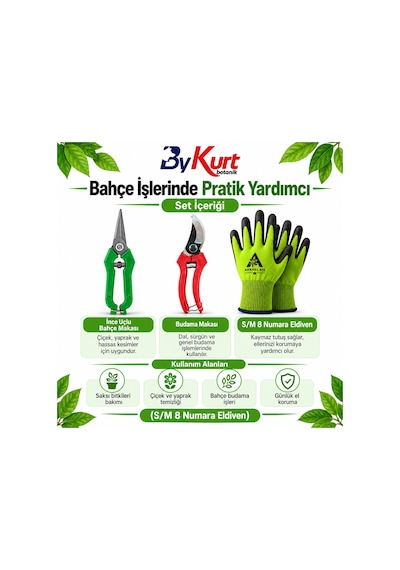 Bahçe Bakım Seti Üçlü Budama Makası Hasat Makası Eldiven 3 Parça - S/m / Yeşil