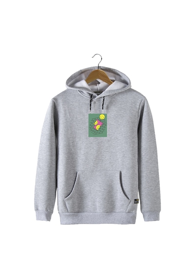 Unisex Gri Kapüşonlu Önü Smile Baskılı Slim Fit Kanguru Cepli Sweatshirt Gri