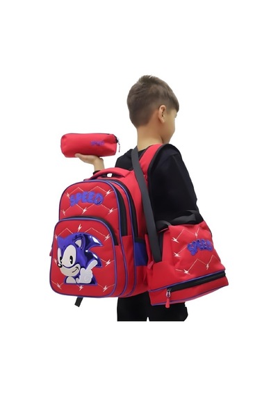 Erkek Çocuk 3 Lü Okul Çanta Seti Sırt Çantası, Beslenme Çantası Ve Kalemlik Kırmızı Speed