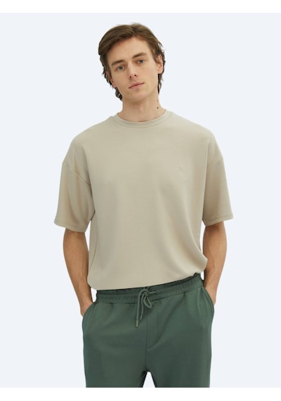 Kip Bej Düz Bisiklet Yaka T-shirt Bej