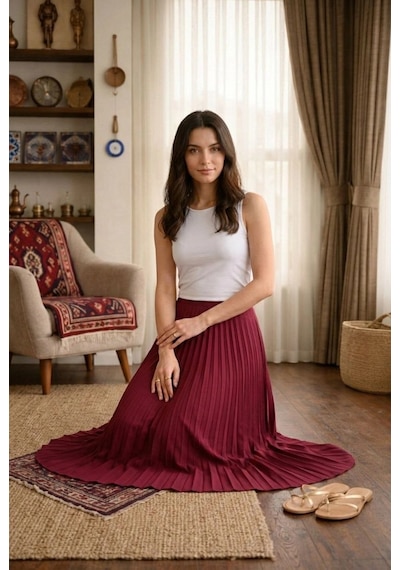 Wear Vexel Kadın 90 Cm Saten Kumaş Pliseli Midi Etek Şık Ve Zarif Tasarım - Bordo Çok Renkli