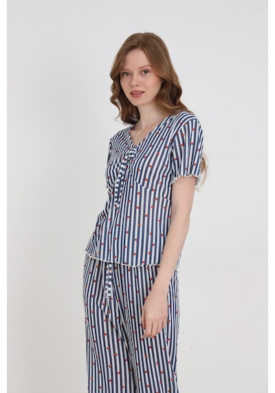 Elitol Jakarlı Viskon Bağlamalı Kadın Pijama Takımı Desenli-5