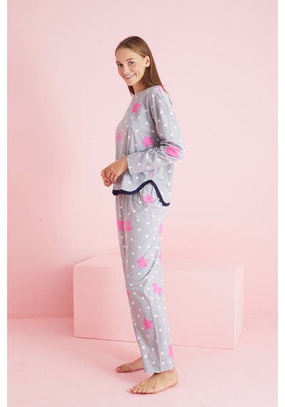 Siyah İnci Biyeli Örme Pijama Takım 7776 Gri Fuşya Yıldız