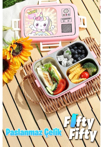 Vagonlife Lunch Box 820 Ml Tek Kat Üç Bölmeli Sos Kaseli Yeni Nesil Sefer Tası-fflbox10283 Pembe