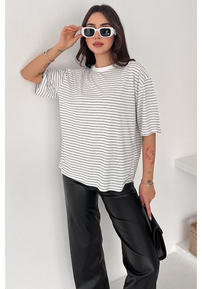 Noa & Noa Kadın Oversize Çizgili Tişört Monochrome Ease Beyaz