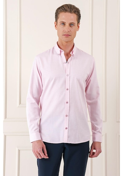 Efor Slim Fit Düğmeli Yaka Dokulu %100 Pamuk Klasik Pudra Gömlek Gk 724 Pudra