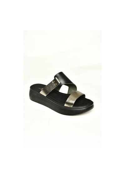 Fox Shoes S291059703 Siyah/platin Hakiki Deri Kalın Tabanlı Kadın Terlik Siyah/platin-hakiki Deri Çok Renkli